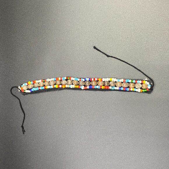 Shell & Glass Seed Bead Black Cloth Adjustable Handmade Unisex Bracelet - Picture 4 of 5